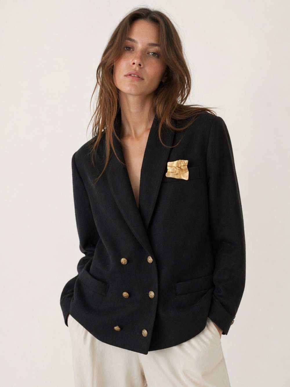 Vintage Structured Black Blazer with Gold Metallic Detail